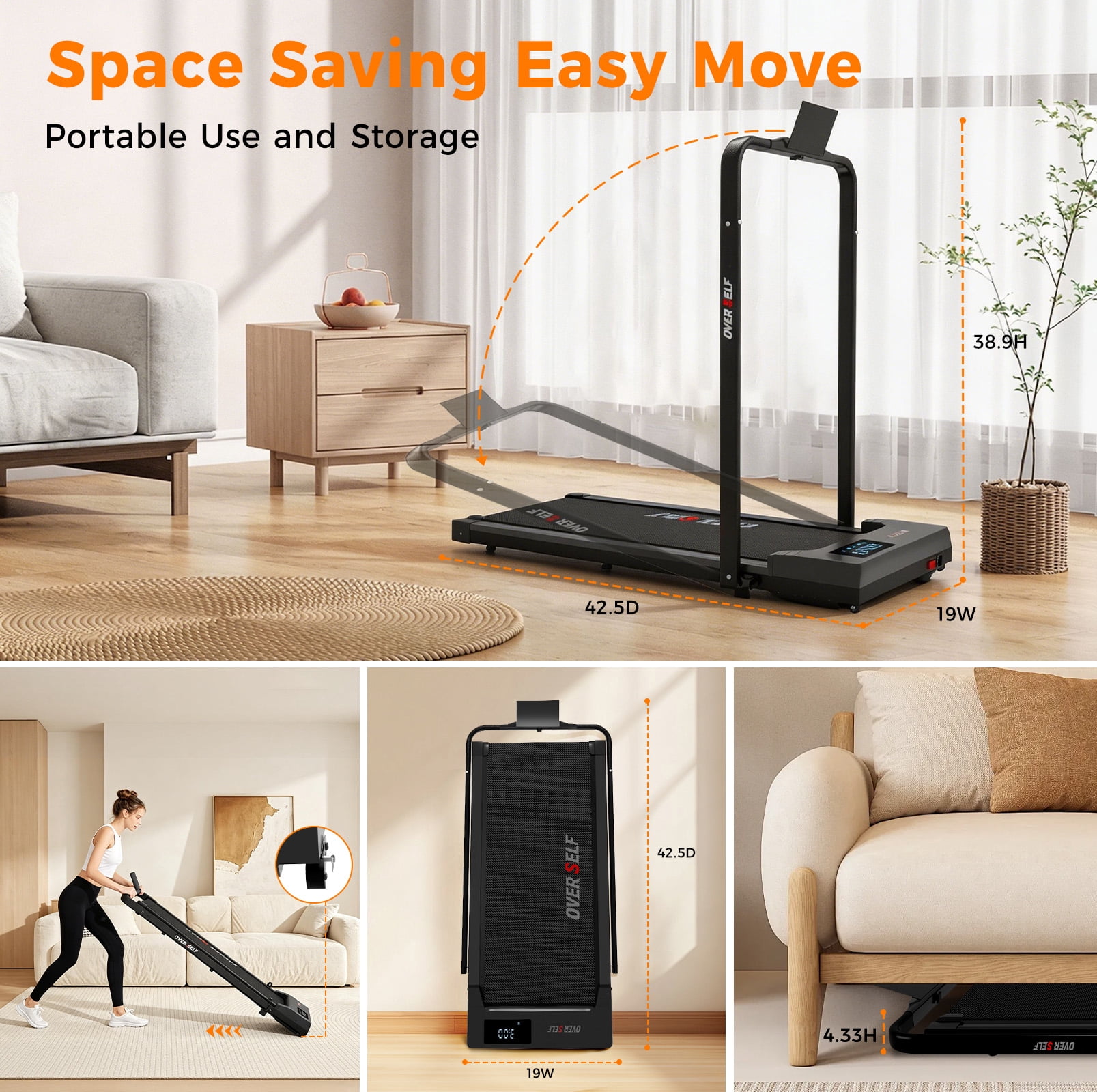 Walking Pad Treadmill with Handle,Under Desk Treadmill With Remote Control, 2.5 HPQuiet Brushless Motor, 300lbs Capacity, LED Display & Smart App, 0.6-6.2 MPH, for Home & Office Use