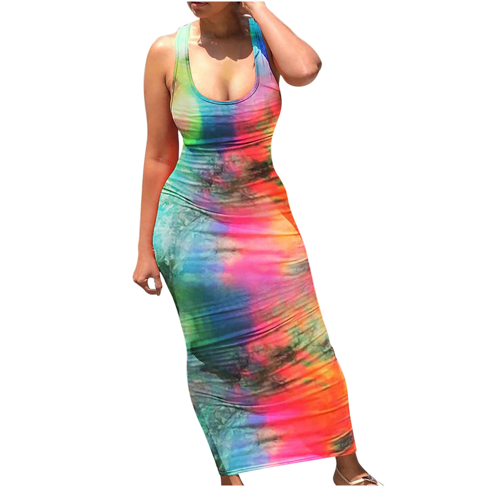Womens Sexy Bodycon Tank Dress Sleeveless Scoop Neck Cutout Back Tie Y2k Tie Dye Party Club 