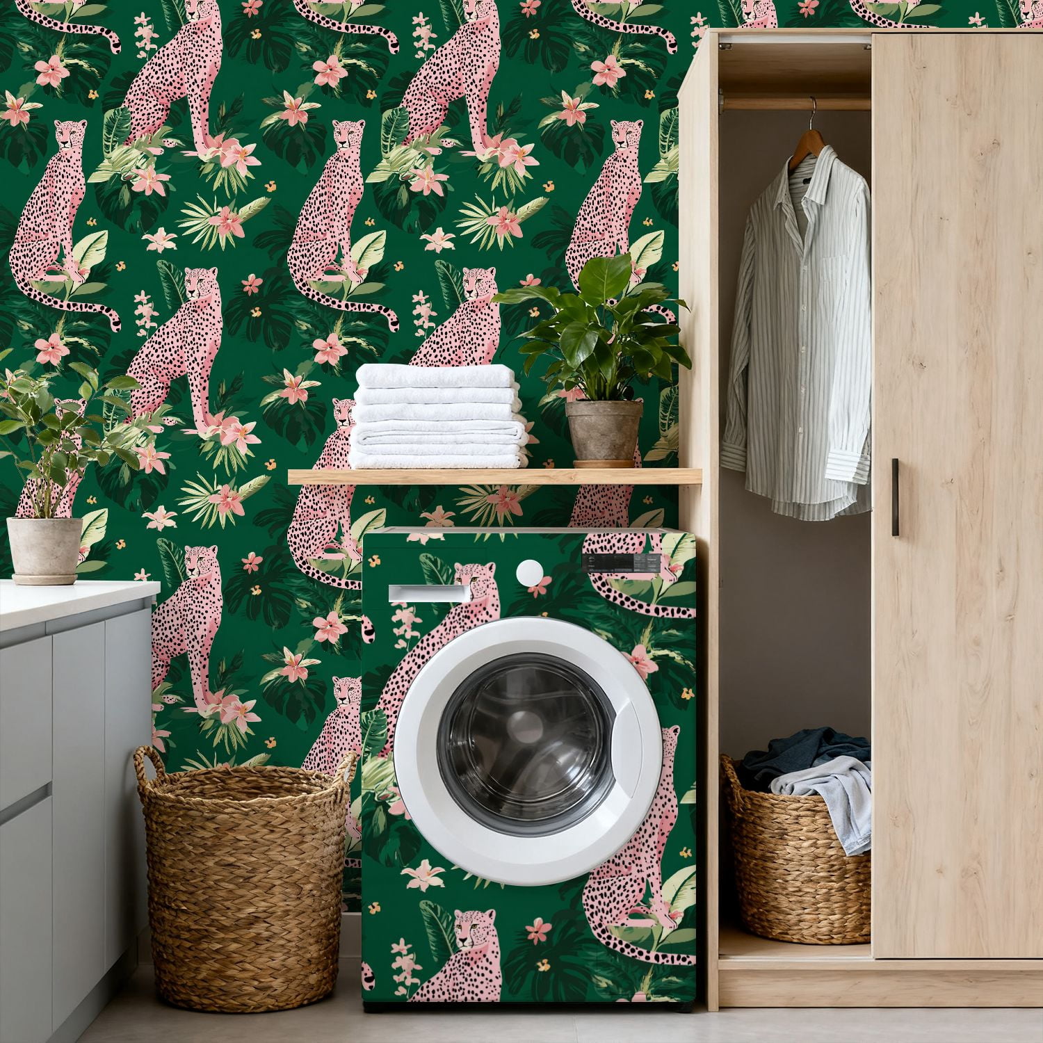 Peel and Stick Wallpaper seamless pink leopards flowers tropical leaves Trendy style 24in x 118in Contact Paper Removable Self Adhesive Wall Mural Wall Decor for Bedroom Kitchen Cabinets