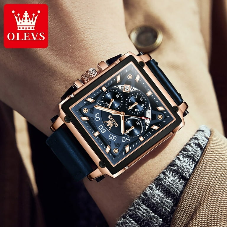 Chronograph Men's Square Watches Leather Strap OLEVS Fashion
