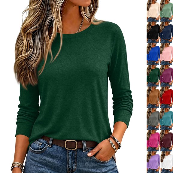 Women's Casual Shirts Long Sleeve Tops Crewneck Tshirts Fall Clothes | Breathable Comfort Lightweight Basic Tees, Dark Green XL