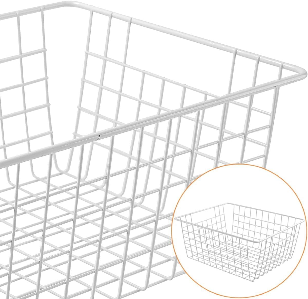 2 Pack Freezer White Wire Baskets for Organizing Office Wire Storage Basket with Built-in Handles, 14" Large White Metal Baskets for Pantry Freezer Kitchen Cabinets