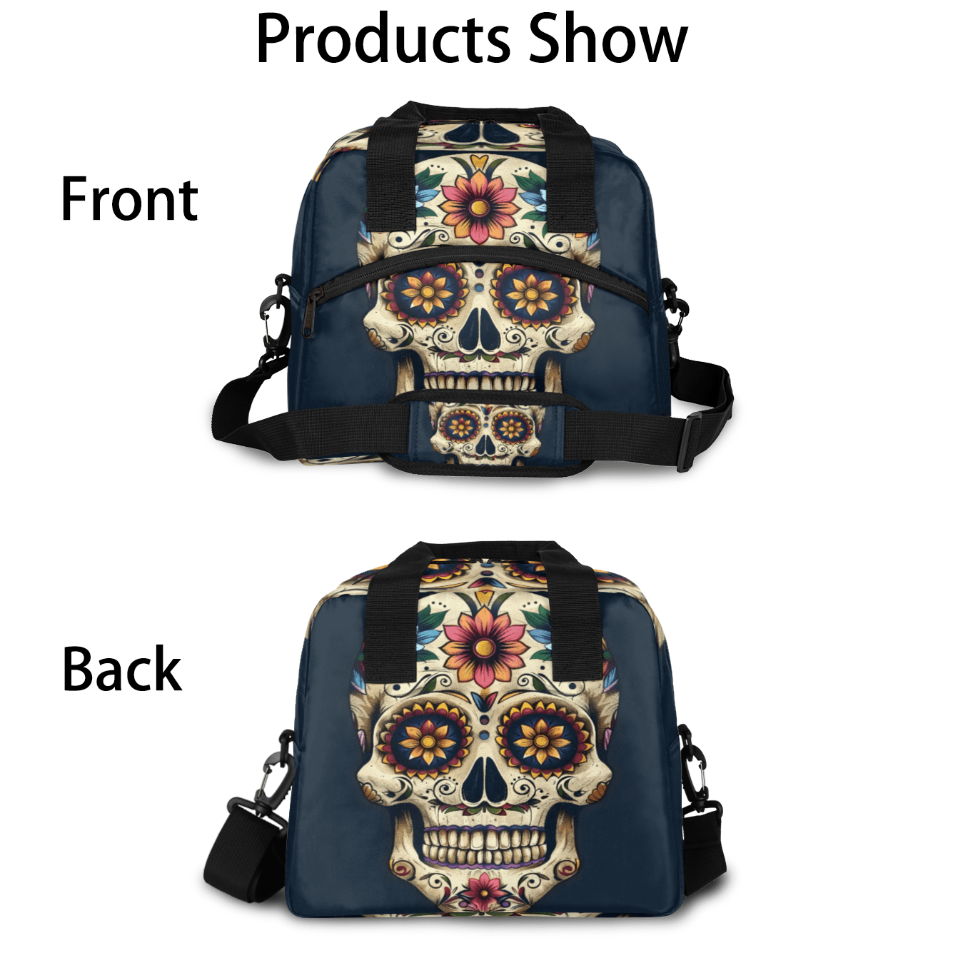 Herdesigns Day Of The Dead Skull With Floral Insulated Lunch Bag for Women Men Adults Large Reusable Lunch Box Leakproof Portable Cooler Tote Bags with Adjustable Shoulder Strap