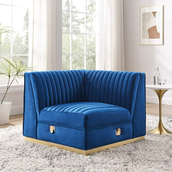 Modway Sanguine Channel Tufted Performance Velvet Modular Sectional Sofa Left Corner Chair in Navy Blue