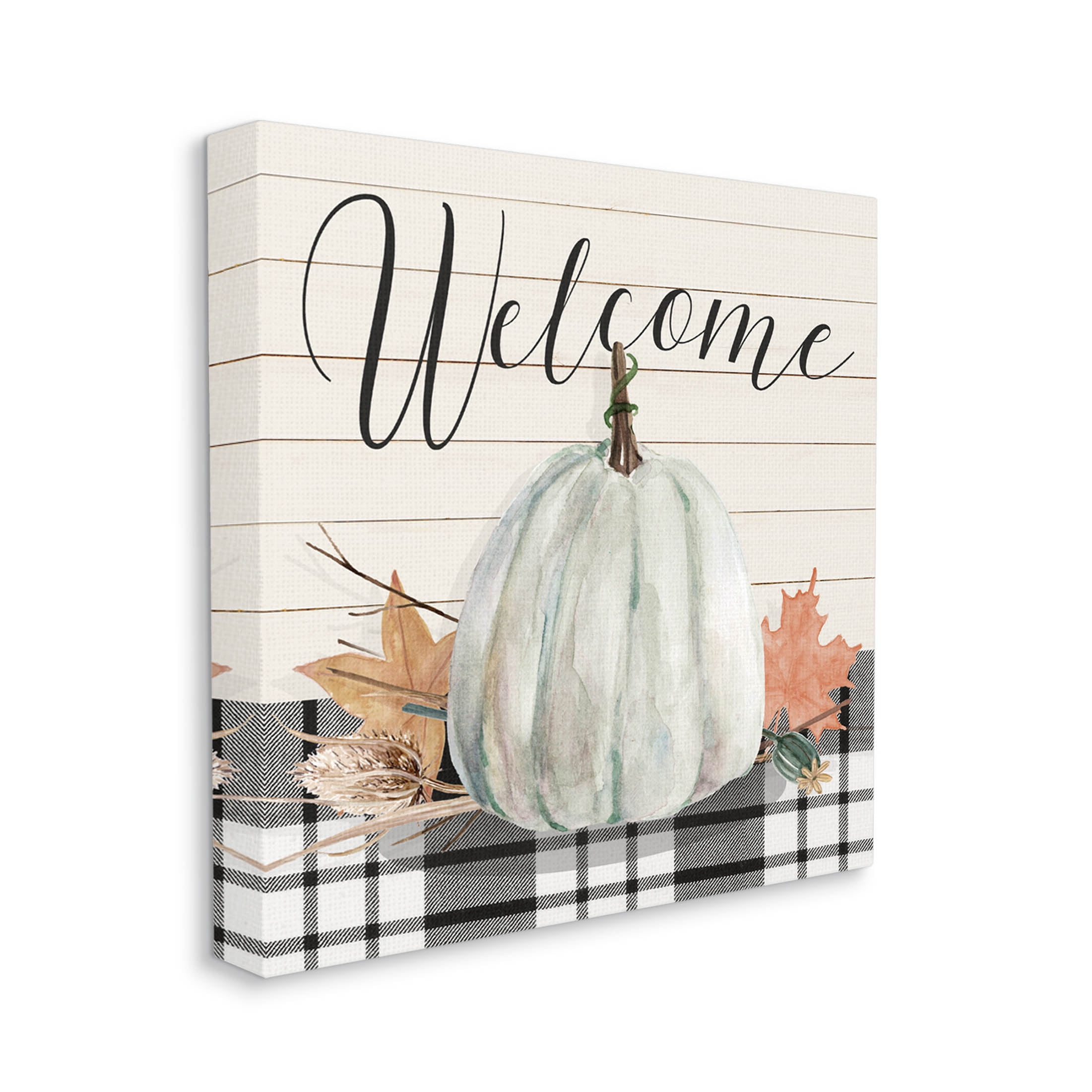 Stupell Industries Welcome Plaid Pumpkin Sign Graphic Art Gallery Wrapped Canvas Print Wall Art, Design by Livi Finn