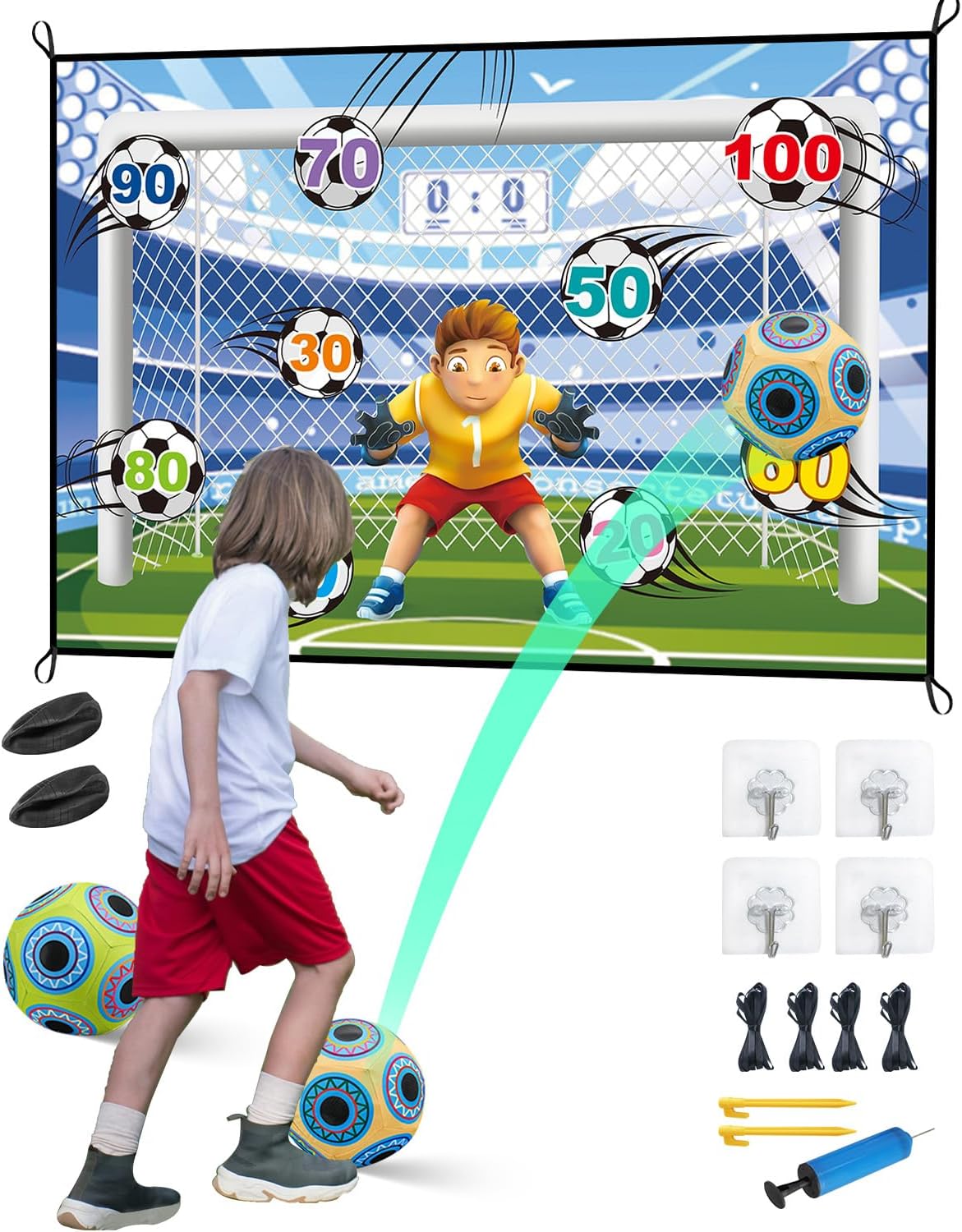 Soccer Ball Game Set for Kids, Indoor Outdoor Backyard Toss Soccer Goal Game with 2 Sticky Soccer Balls, Foldable Flannel Goals, Toddlers Gift for 3 4 5 6 7 8 Year Old Boy Toys Birthday (59*39 in-A)