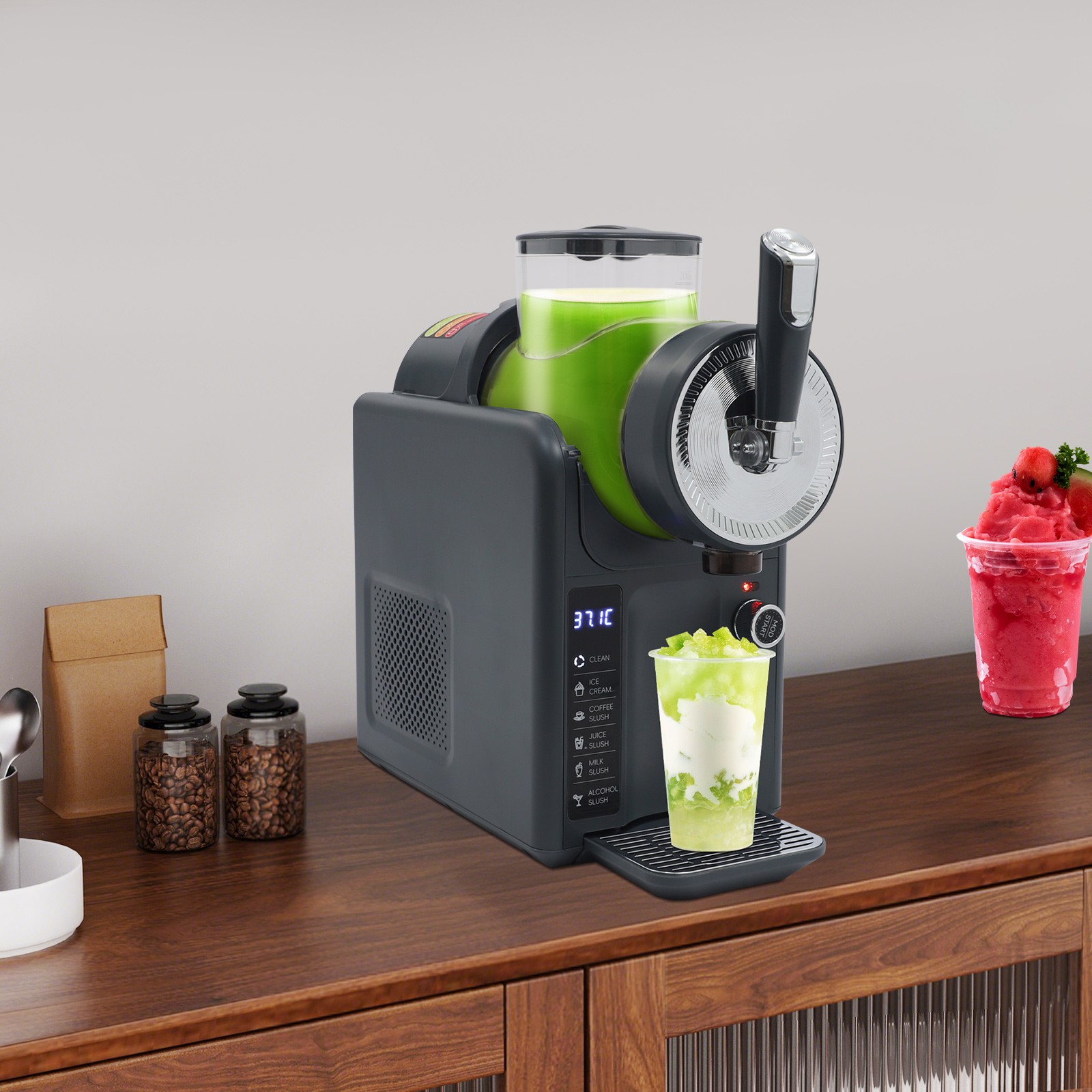 Slushie Machine, Automatic Frozen Drink Maker with 6 Modes for Slush, Ice Cream, Smoothies, Cocktails, 185W Motor, LED Display, Self-Cleaning, Includes Ice Cream Molds, Gray, 110V
