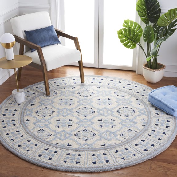 SAFAVIEH Bella Noelle Bordered Area Rug, Ivory/Blue, 7' x 7' Round