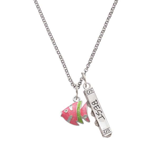 Delight Jewelry Silvertone Hot Pink Tropical Fish with Lime Green Stripe Silvertone Best Friends Forever Bar Charm Necklace, 23"