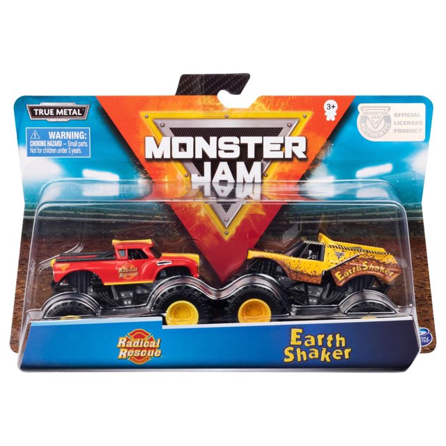Monster Jam, Official Radical Rescue vs. Earth Shaker Die-Cast Monster Trucks, 1:64 Scale, 2 Pack featuring two detailed die-cast trucks with authentic BKT tires and chrome rims; Radical Rescue in red with yellow accents and Earth Shaker in yellow with black speckled design, packaged in branded blister card suitable for ages 3 and up, ideal for collectible play and display.