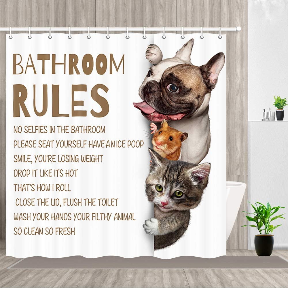 Funny Animal Pet Shower Curtain for Bathroom Mouse Cat Pug Dog Rules