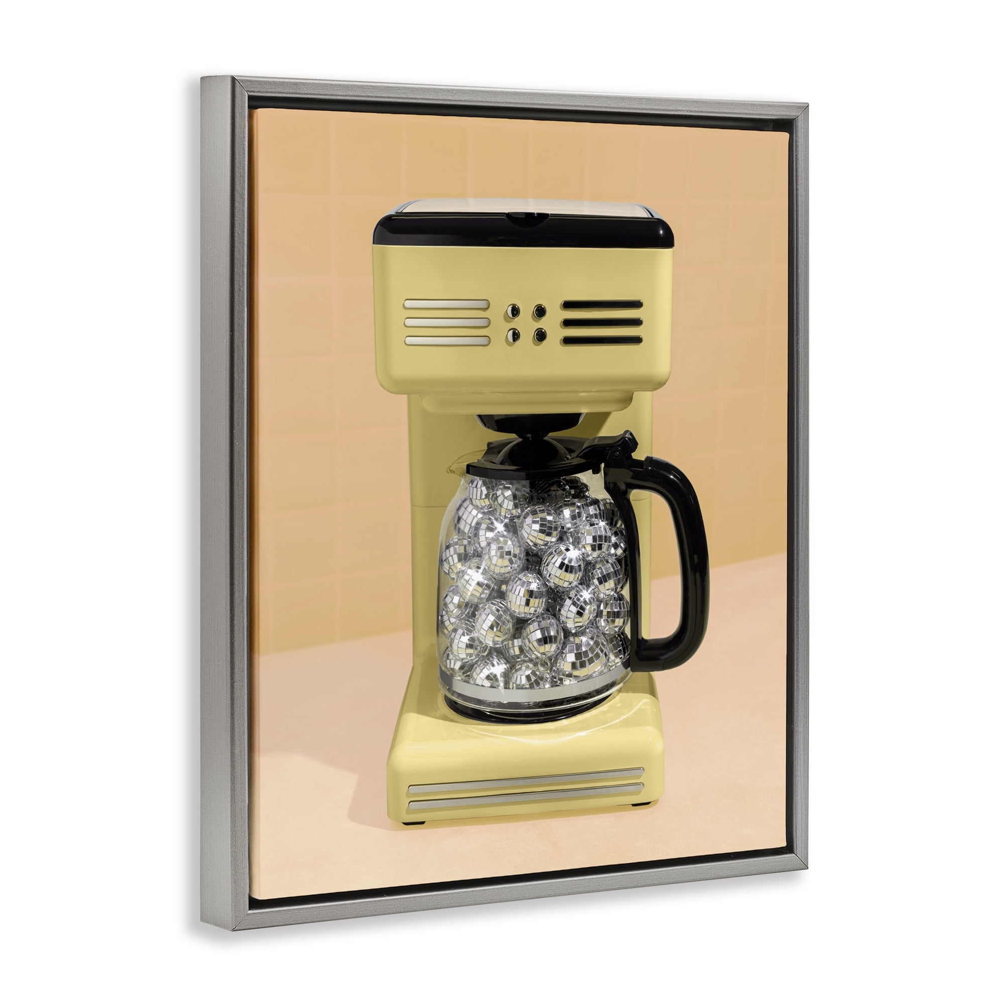 Stupell Industries Disco Coffee Maker over Yellow Gray Framed Floater Canvas Wall Art, design by LISH Creative