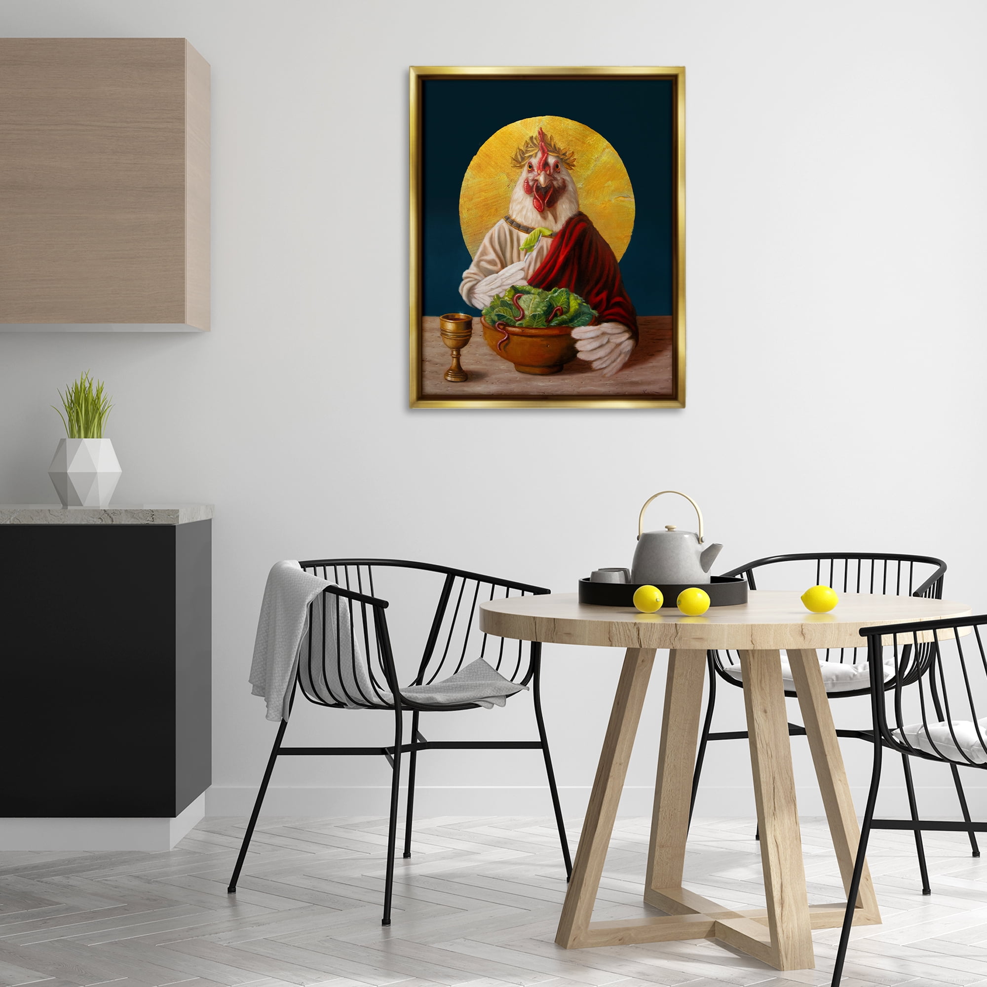 Stupell Industries Classic Hen with Meal Novelty & Humor Painting Gold Floater Framed Canvas Art Print Wall Art, 25 x 31