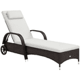 thumbnail image 1 of Outsunny Chaise Longue en Osier, Chaise Longue d'Extérieur, Chaise Longue de Patio en Rotin PE avec Appui-Tête, Dossier à Hauteur Réglable à 5 Niveaux, Coussin et Roues, Brun Mélangé et Blanc Crème, 1 of 10