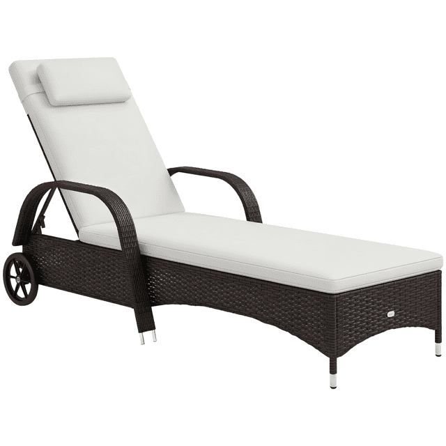 Outsunny Chaise Lounge en Osier - Ensemble de 1, Doté d'Un Cadre en Rotin PE Brun Mélangé avec un Coussin Blanc Crème. le Lounge a un Dossier Réglable à 5 Niveaux, des Accoudoirs et un Appuie-Tête pour un Confort Accru. Construit avec un Cadre en Acier Enduit de Poudre pour la Durabilité, Il Comprend Deux Roues Arrière pour un Mouvement Facile. les Dimensions Sont de 78,75 Pouces de long, 28,75 Pouces de Large et de 11,75 à 40,5 Pouces de Haut. Convient à une Utilisation Extérieure avec des Matériaux Résistants aux Intempéries.