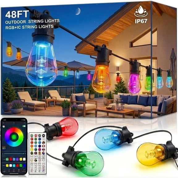 DAYBETTER Outdoor String Lights, 48FT RGBIC  White String Lights with 20 LED Bulbs, APP & Control, Waterproof & Shatterproof Smart Patio Lights for Garden, Yard, Party