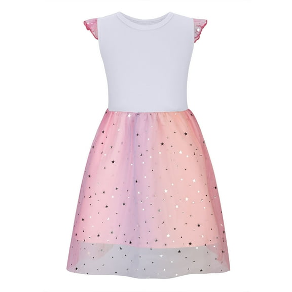 AherBiu Toddler Girls Clothes Mesh Patchwork Midi Dress Cap Sleeve Glitter Layered Ruffle Flowy Tulle Dresses