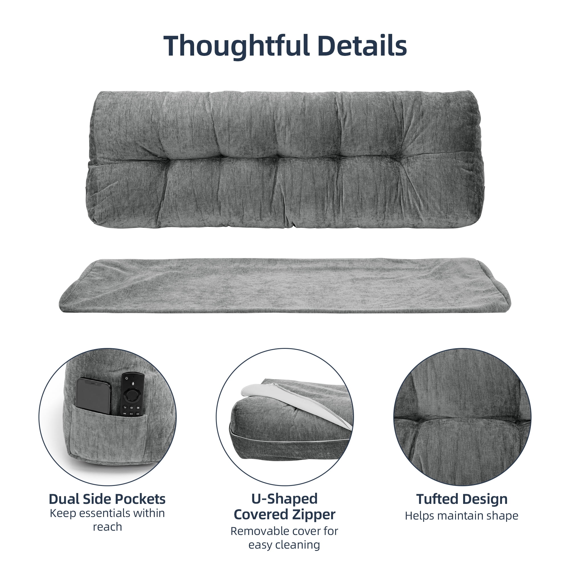 ROFIEJOX Queen Headboard Pillow, 59" x 20" x 7.9" Bed Backrest Pillow with Extra Removable Cover, Tufted Reading Pillow with Side Pockets, Gray