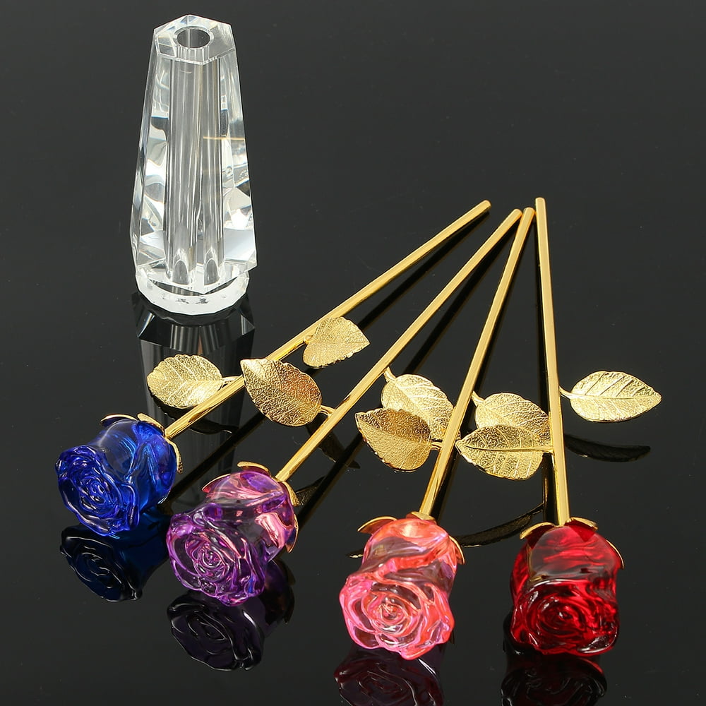 Glass Rose Flower, 24K Gold Plated Long Stem Artificial Rose Flower