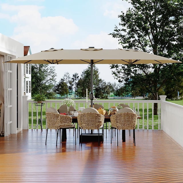 15ft Large Patio Umbrella with Base & Solar Lights-Rectangular Patio Umbrella with Crank Handle, UV Protection for Outdoor Market
