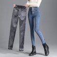 thumbnail image 3 of Pantalones vaqueros térmicos de lana gruesa para mujer, Jeans ajustados cálidos de cintura alta, pantalones de lápiz elásticos con botones, Jeans de terciopelo informales para mamá, Invierno, 3 of 4