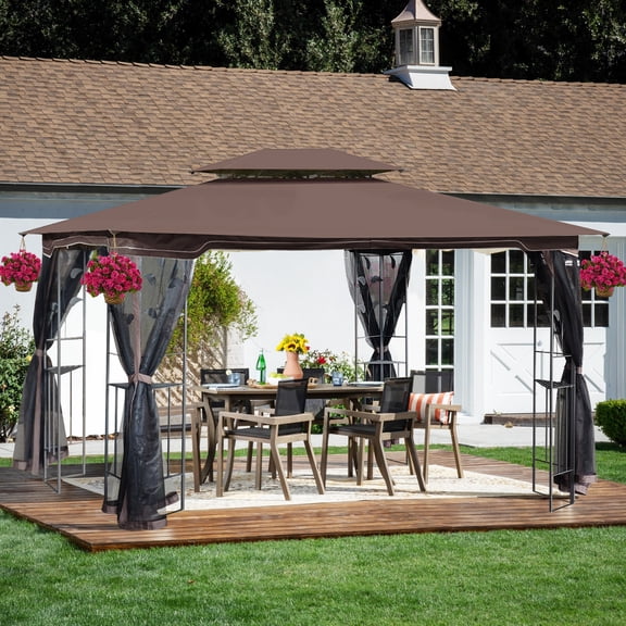CoSoTower 13X10 Outdoor Patio Gazebo Canopy Tent With Ventilated Double Roof And Mosquito Net(Detachable Mesh Screen On All Sides), Suitable For Lawn, Garden, Backyard And Deck, Brown Top