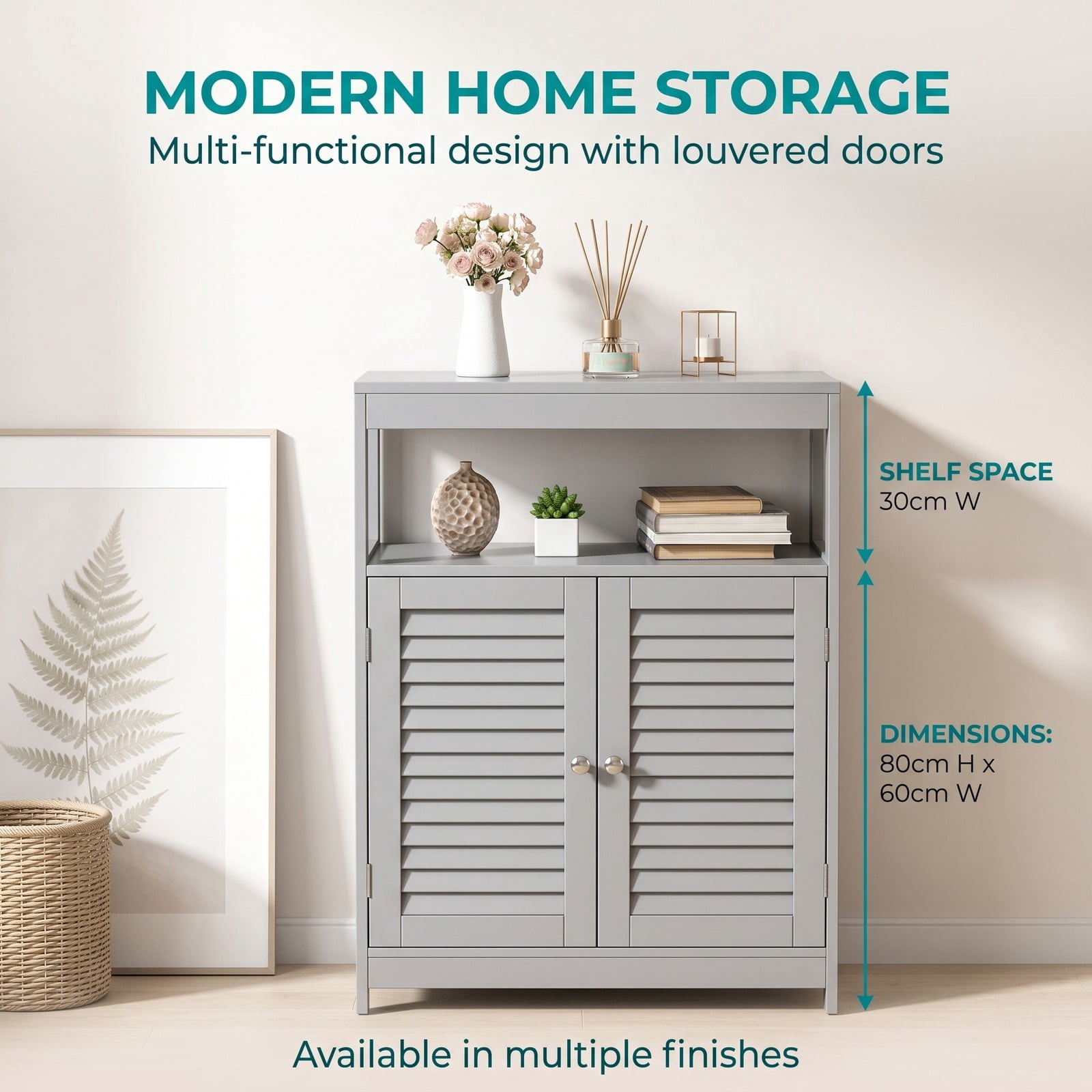 Fenbeli Freestanding Bathroom Floor Cabinet with Double Shutter Doors, MDF Storage Cabinet with Adjustable Shelf and Open Compartment, Side Console Shoe, Gray