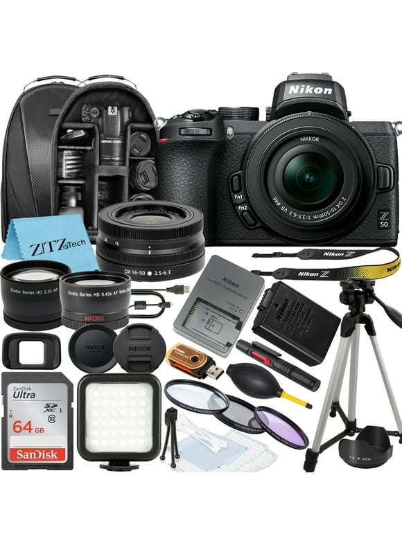 Nikon Z50 Mirrorless Camera with NIKKOR Z DX 16-50mm VR Zoom Lens, SanDisk 64GB Memory Card, Backpack, Flash, Tripod and ZeeTech Accessory Bundle