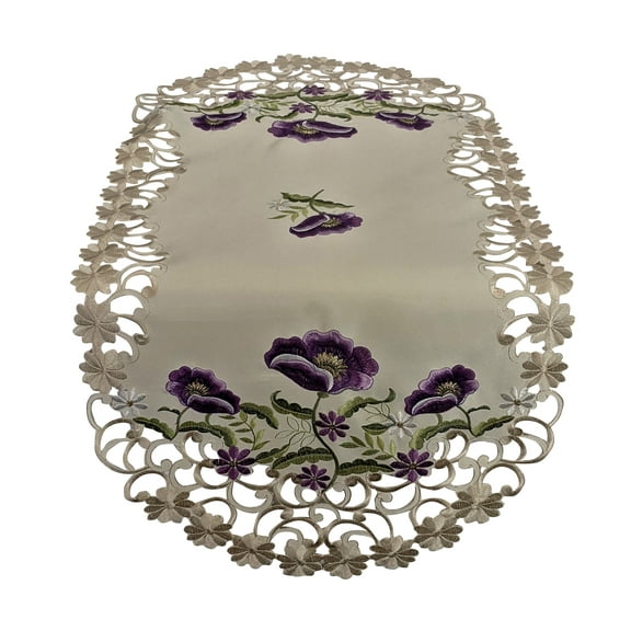 Doily Boutique Table Runner with Purple Poppy Flowers on Ivory Fabric Size 34 x 15 inches
