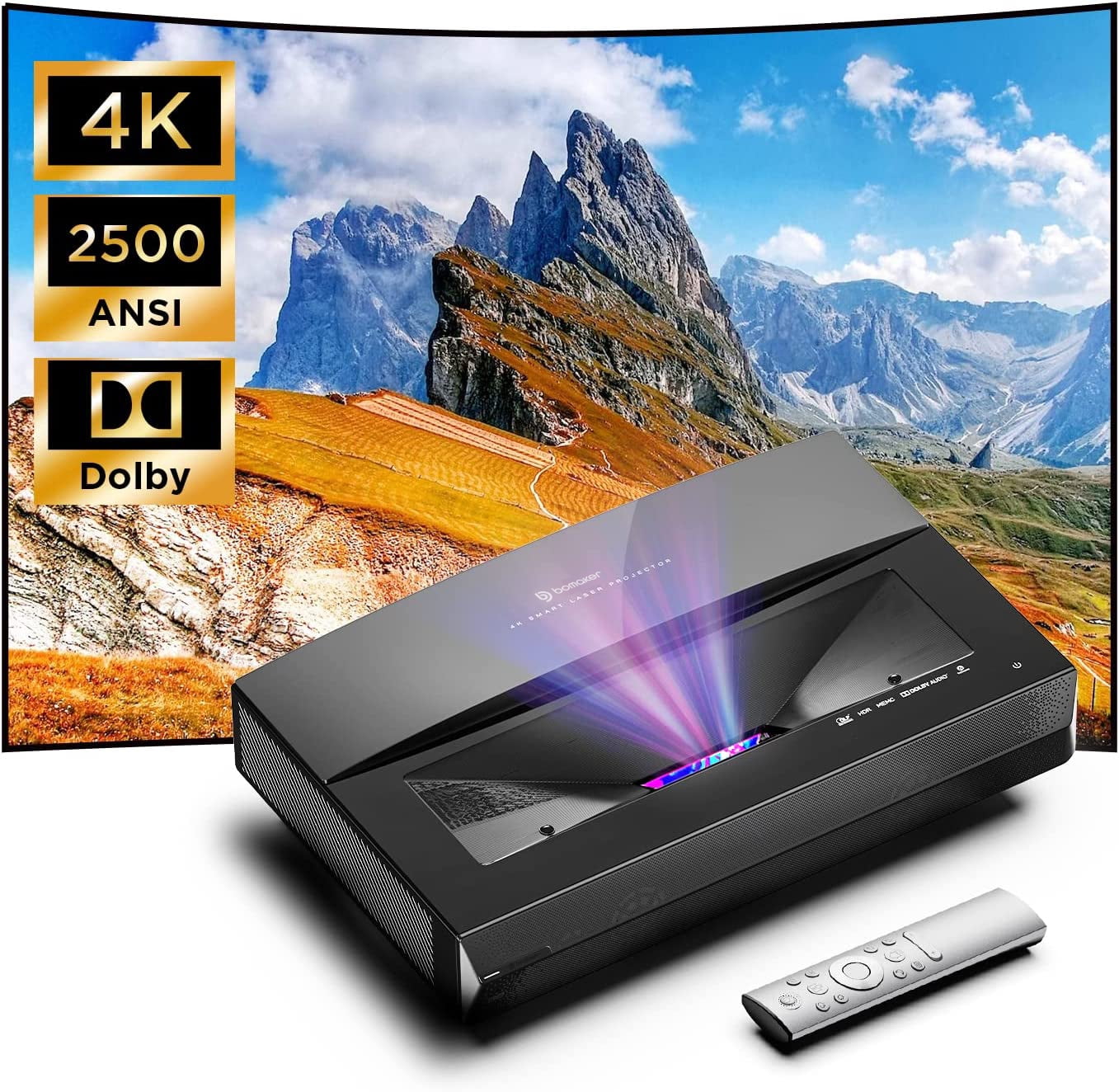 Bomaker 4K TriColor Laser Projector, 2500 ANSl Lumens, Ultra Short Throw Projector with HDR 10