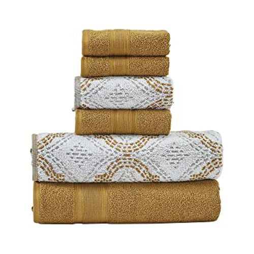Modern Threads Capri 6-Piece Reversible Yarn Dyed Jacquard Towel Set - Bath Towels, Hand Towels, & Washcloths - Super Absorbent & Quick Dry - 100% Combed Cotton, Gold