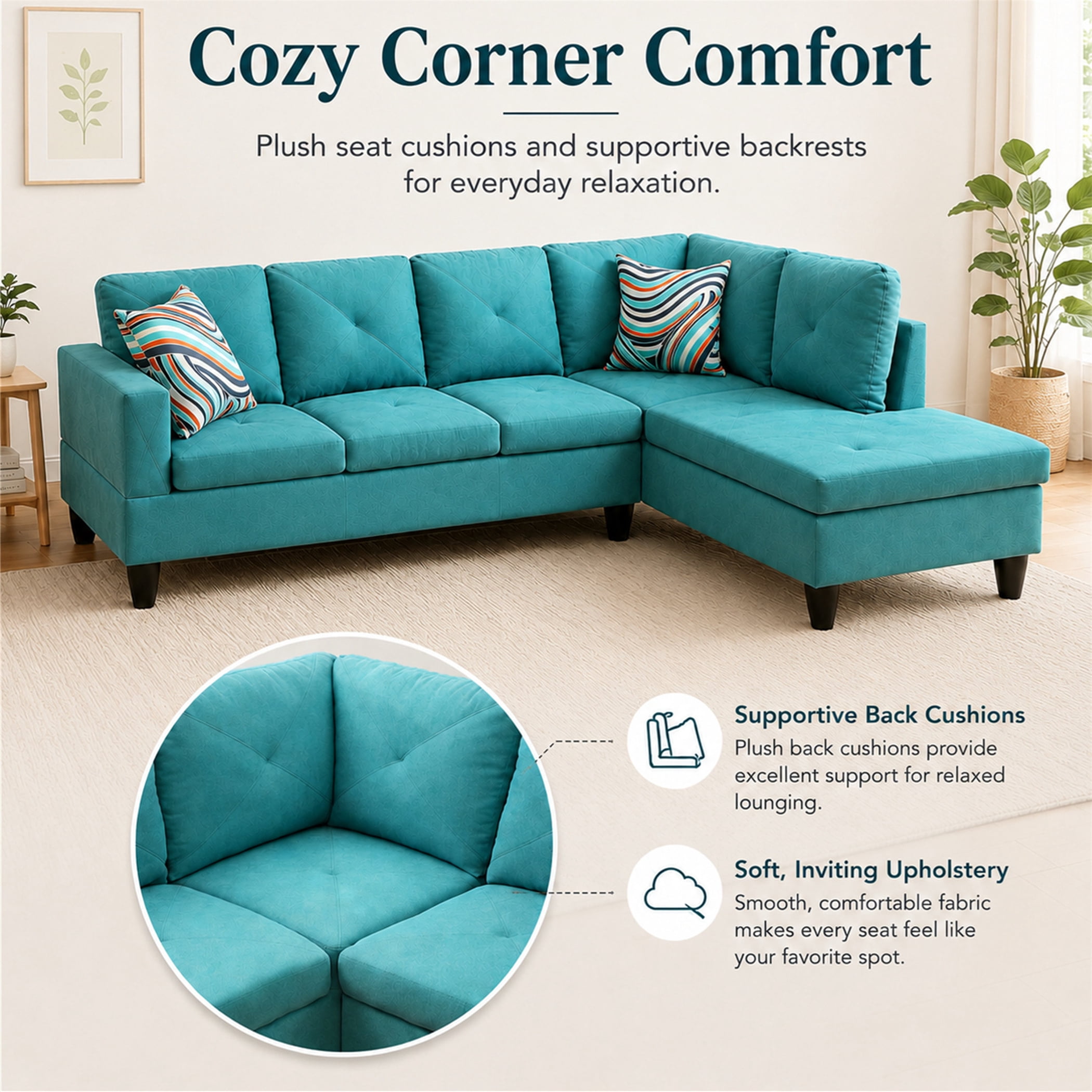 Aukfa 97" Classic Sectional Sofa 4 Seat L shape Couch for Living Room, 2Pillows, Oversized Right Chaise, Linen, Aqua Blue