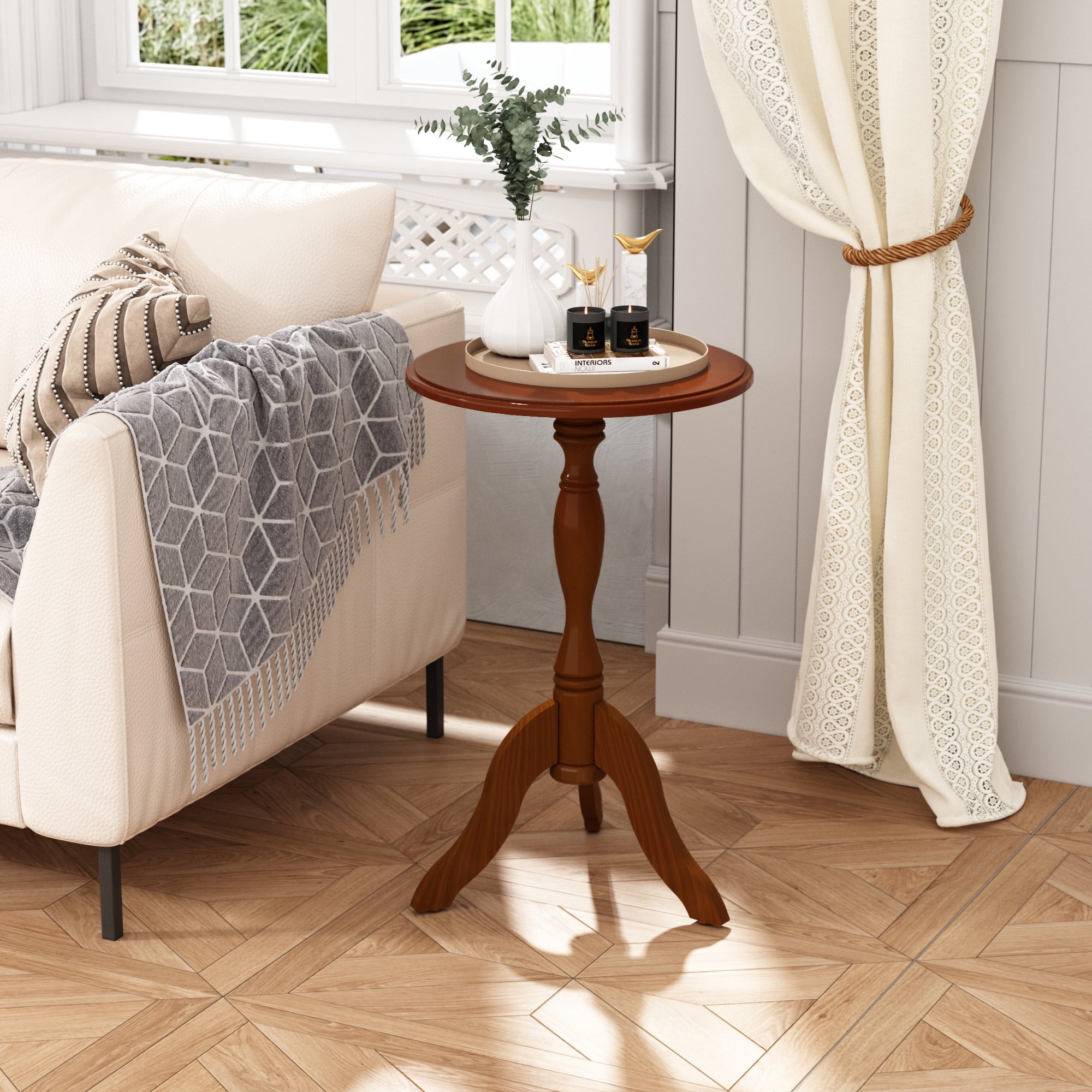 HLR Round Small End Table, Wooden Pedestal Side Coffee Table,  Vintage Accent Nightstand for Living Room, Entryway,  Brown