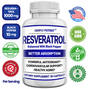 Simply Potent Resveratrol 1000mg Supplement, Trans Resveratrol 500mg Enhanced with Black Pepper for Max Absorption, Powerful Antioxidant & Anti-Aging Pills, 90 Capsules
