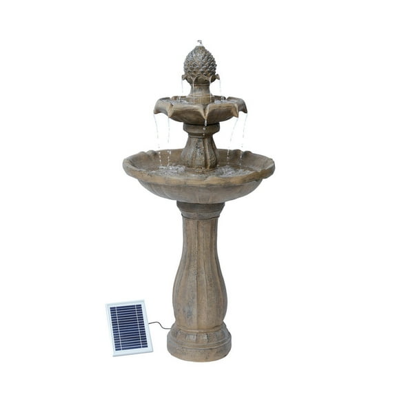 XBrand 44" H Fiberglass/Resin 2-Tier Solar Water Fountain w/ Solar Panel and Auto-Shut Off Pump, Solar Garden Fountain, Tall Outdoor Fountain, Two Tiered Birdbath Fountain