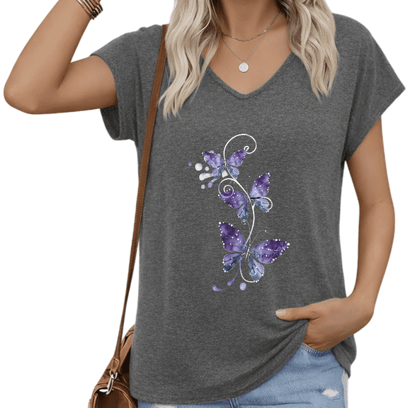UNISHE Women V Neck Short Sleeve T Shirt Butterfly Watercolor Floral Graphic Casual Loose Fit Top S-5XL
