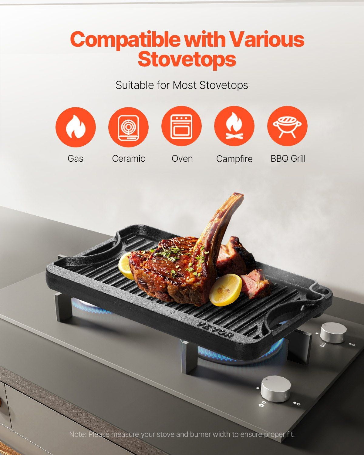 14x8.5 Inch Reversible Grill Griddle Cast Iron Pre-Seasoned BBQ Pan with Flat and Ridged Sides, Dual Handles, Non-Stick Surface, Oven Safe up to 500°F for Stovetop, Indoor and Outdoor Cooking