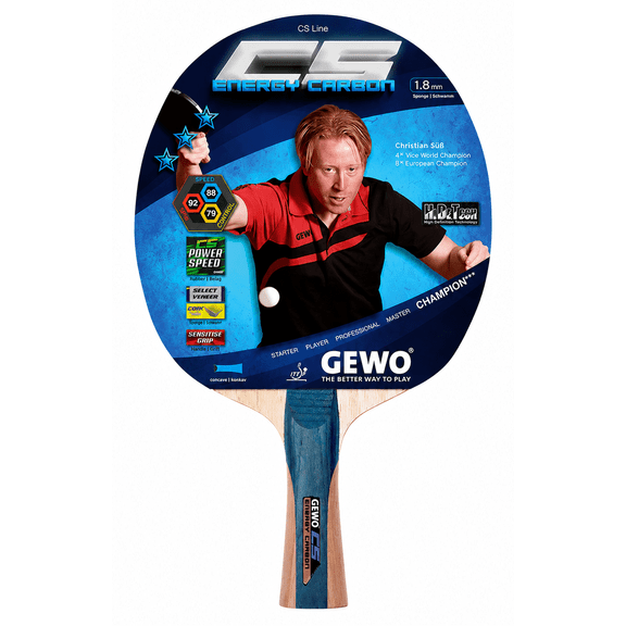 GEWO CS Energy Carbon Pre-Assembled Table Tennis Racket, ITTF Approved Ping Pong Paddle, Carbon Blade, 1.8 mm Sponge, Flared Handle
