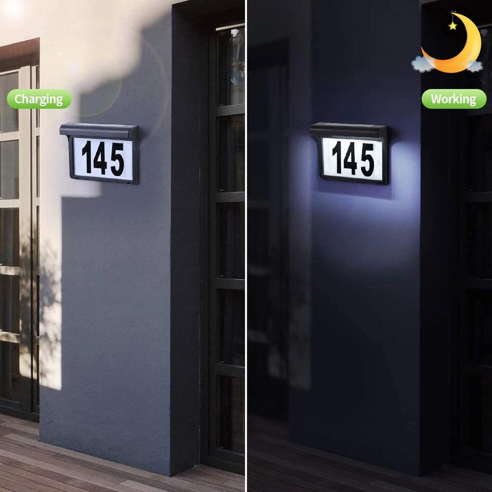 Solar Powered LED Lighted House Address Number Sign | Outdoor IP44 Waterproof Yard Stake or Wall Mount Tablet | Includes 3 Sets Numbers & Letters | Illuminated Plaque for Home Street Mailbox