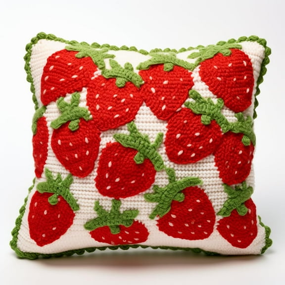 Latch Hook kits Pillow Fruit Red Strawberry Printed Canvas Cushion Crochet Yarn Needlework DIY Hook Latch Kit Embroidery Pillowcase Rug Cover Home Sofa Christmas Decoration 43x43cm(1)