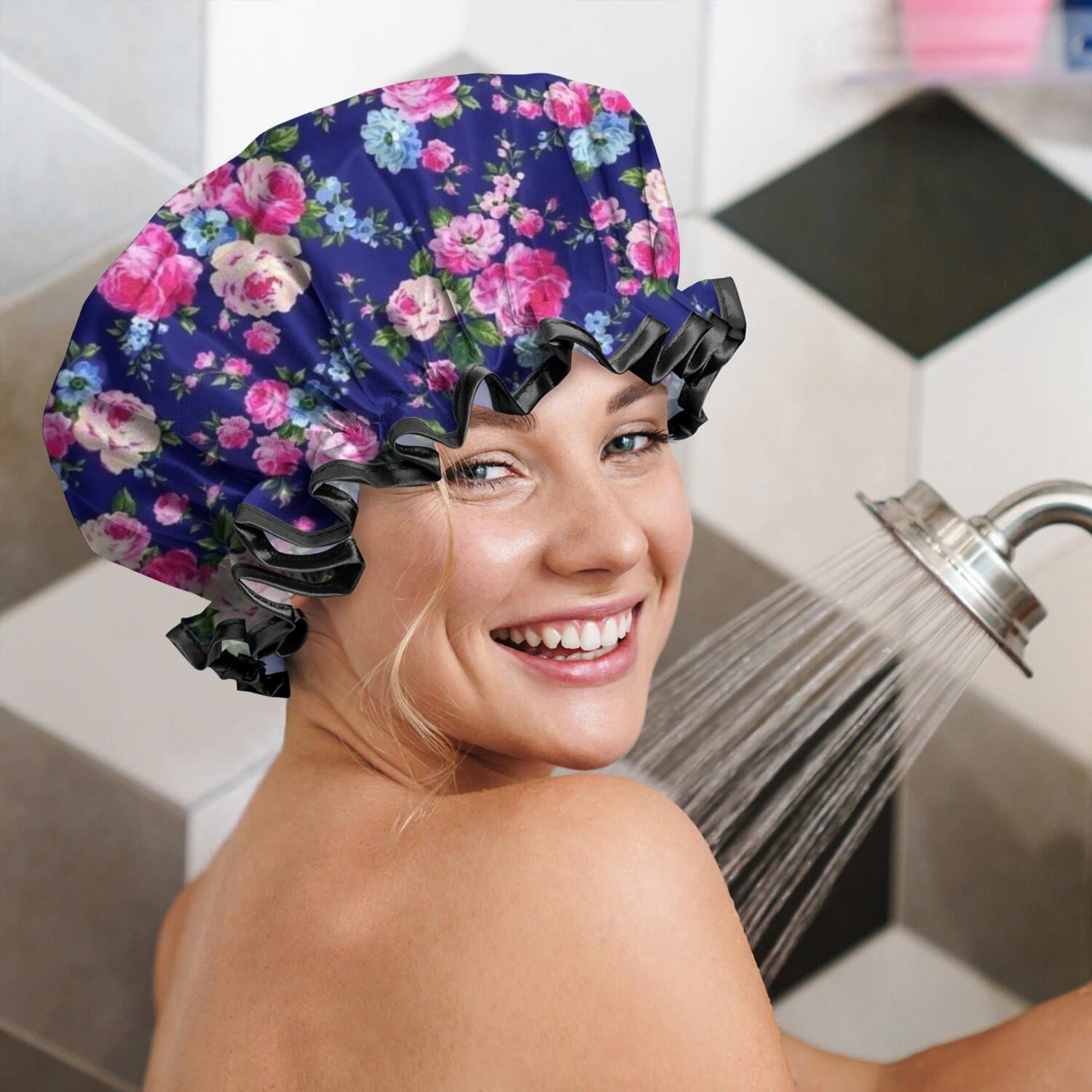 Shower Caps,Pioneer Flower Floral Print Pattern Waterproof Shower Cap for Women 4 Pieces,Double Reusable Hair Cover for Shower PEVA Elastic Stretch Hem
