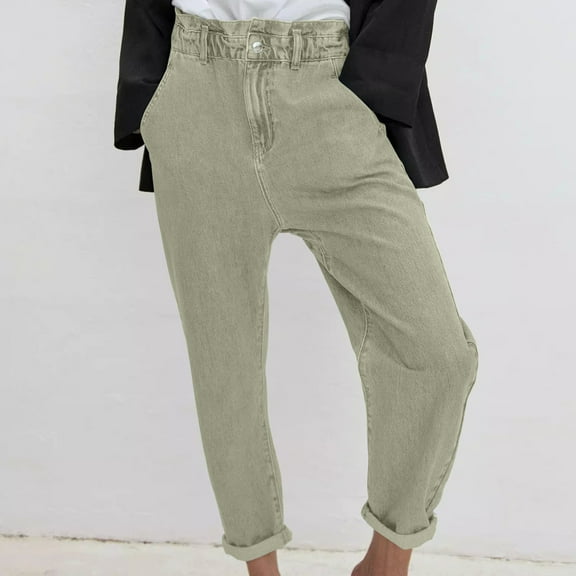 Aueoeo Denim Jeans For Women Straight Leg Spring And Summer Comfy Button Elastic Waist Solid Fashion Casual Jeans Pants Wide Leg Jeans