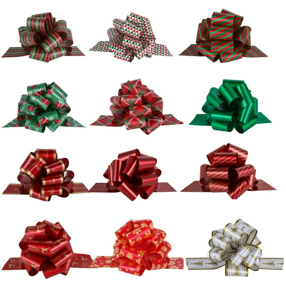 12-Pack Festive Multi-Pattern Gift Bows: Double-Sided "Merry Christmas" Printed Decorations for Holiday Presents, Weddings, Parties, Xmas Trees & Gift Boxes – Easy-to-Assemble 12x8cm Red/Green