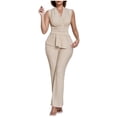 thumbnail image 2 of Mifsaly 2 Piece Sets for Women Summer Dressy Casual Work Office Matching Outfits Textured Sleeveless V Neck Wrap Peplum Top and Straight Leg Pants Beige,S, 2 of 5