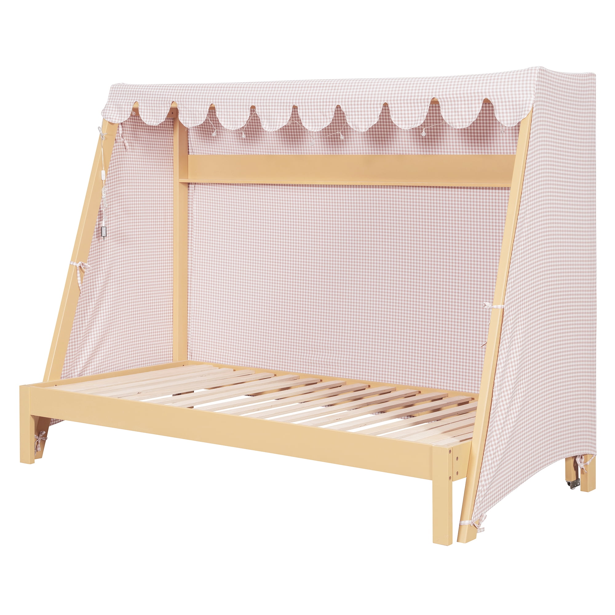 Mintazer Twin XL Platform Bed with LED Light, Trundle, Storage Shelf & Tent for Kids, Light Brown