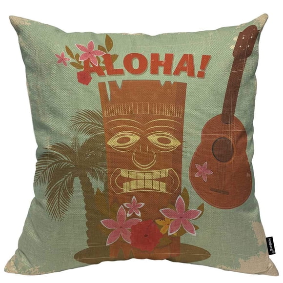 HOSNYE Beach Party Throw Pillow Case Cushion Covers Vintage Hawaiian Aloha Fun Guitar Palm Tree Cotton Linen for Couch Bed Sofa Car Waist 18 x 18 inch