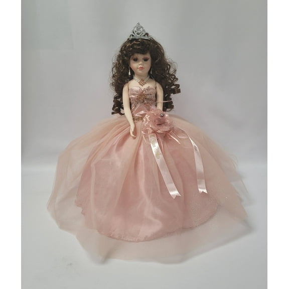 Porcelain Quinceañera Umbrella Doll in Rose Gold Gown (Quince Años) Centerpiece & Decoration