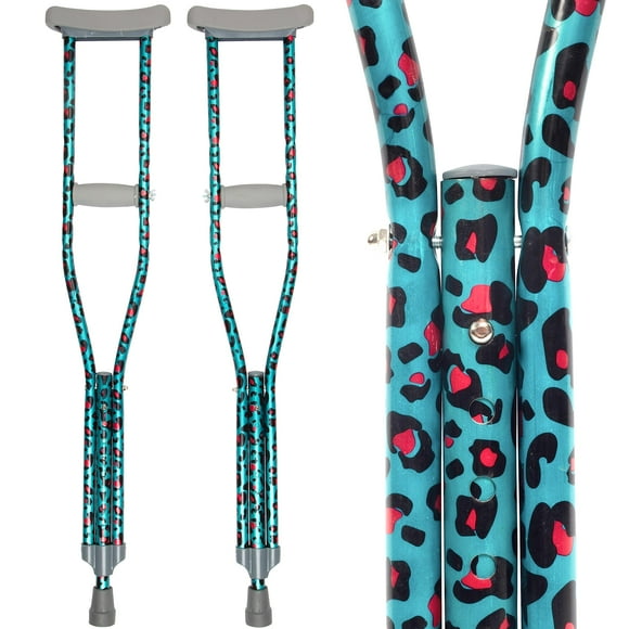 Mis Muletas - Muletas juveniles para niños con empuñadura y longitud ajustables. Para niños de 1,15 m a 1,35 m. Fabricadas en aluminio ligero y duradero con acolchado para las axilas. - Leopardo verde