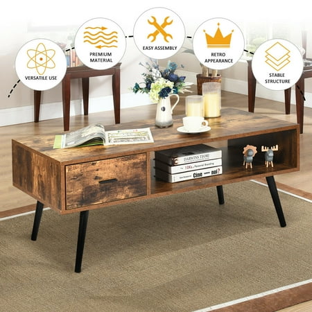 Gymax Retro Coffee Table Mid Century Modern Living Room Furniture W Open Storage Shelf Canada Gymax Retro Coffee Table Mid Century, Retro Coffee Tables With Storage