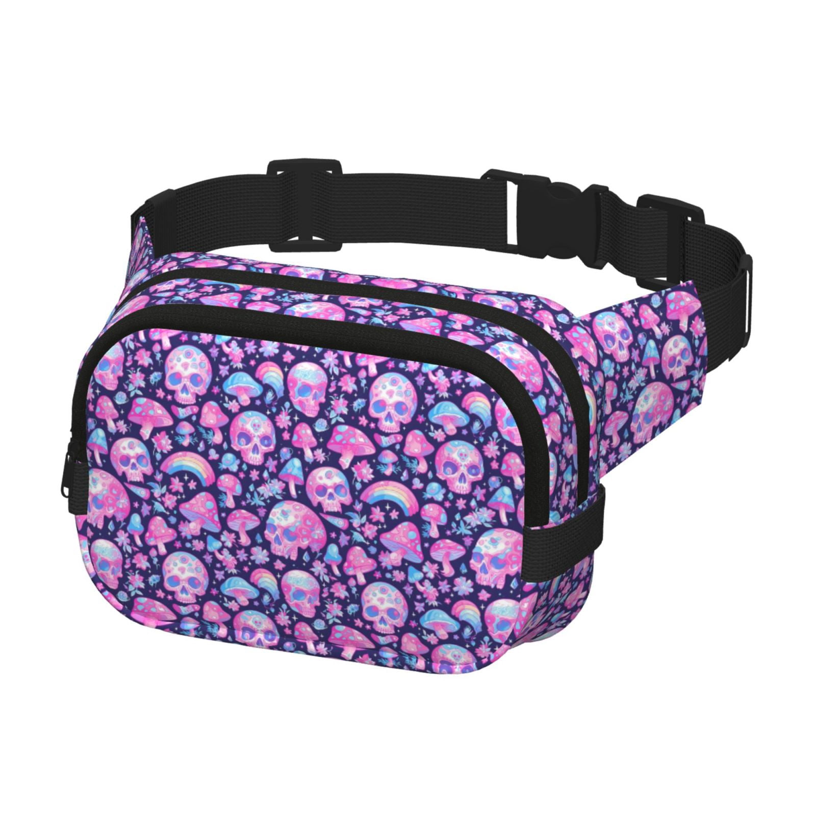 Picia Skull Rainbow Mushroom Print Square Double-Layer Waist Bag Mini Adjustable Waist Belt Bag Exercise Running Travel Hiking